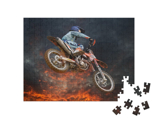 Jumping Motocross Rider with Firestorm in the Background