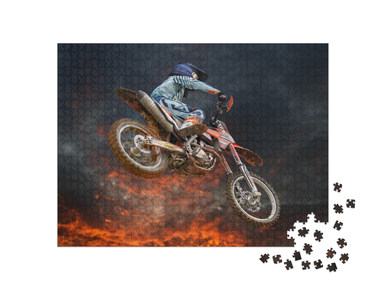 Jumping Motocross Rider with Firestorm in the Background