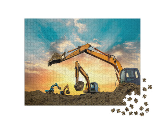 Four Excavators Work on Construction Site At Sunset