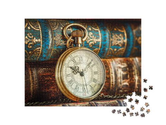 Vintage Antique Pocket Watch on the Background of Old Boo